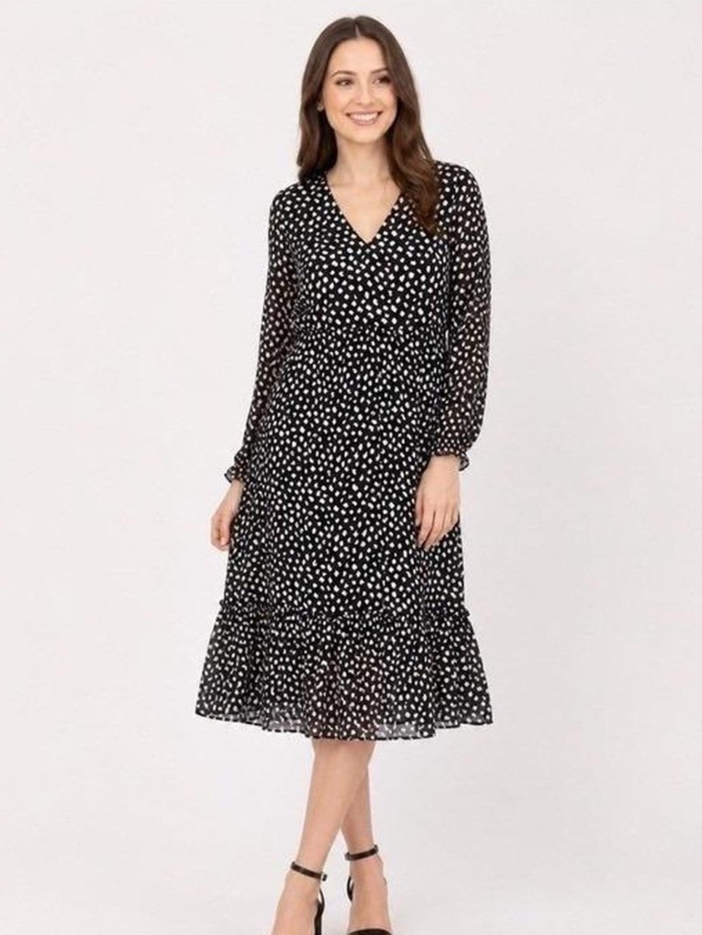 J.Crew Black White Long Sleeve Polka Dot Midi Dress V Neck Chiffon Ruffle Size L